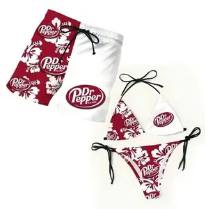 Matching Couples Swimwear Set – Dr Pepper Red Hibiscus Bikini & Board Shorts, Perfect Gift for Him & Her