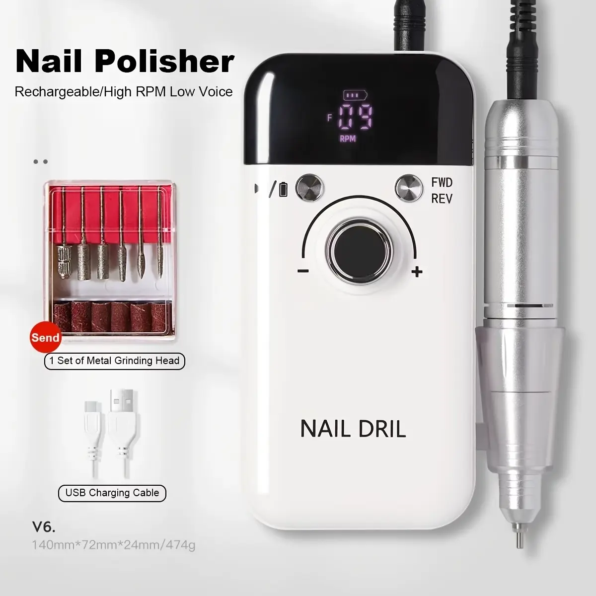 45000RPM Wireless Rechargeable Nail Drill Machine, Low Vibration Electric File for Home Salon Nail Care, Manicure Pedicure Cuticle Remover, Clippers