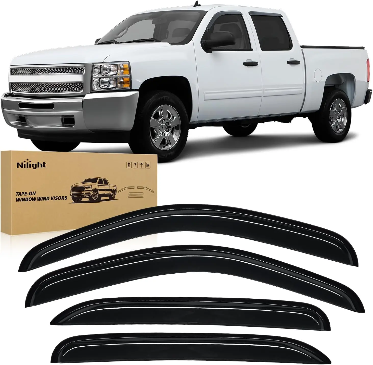 Nilight Modified Acrylic Tape-On Window Wind Visors - 4pcs Rain Protection Vent Deflectors, Vehicle & Truck Accessories for GMC & Chevy 1500, Chevy Silverado 1500 Crew Cab 2007-2013 (Silverado/Truck Fitment)