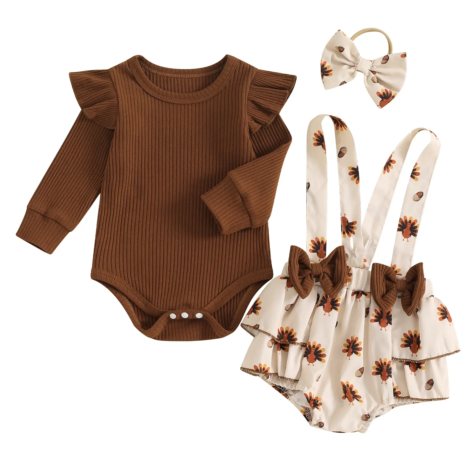 Baby Girl Thanksgiving Outfit 3Pcs Newborn Girls Fall Clothing 3 6 12 18 Months Infant Girls Long Sleeve Ribbed Romper + Turkey Overall Pants + Headba