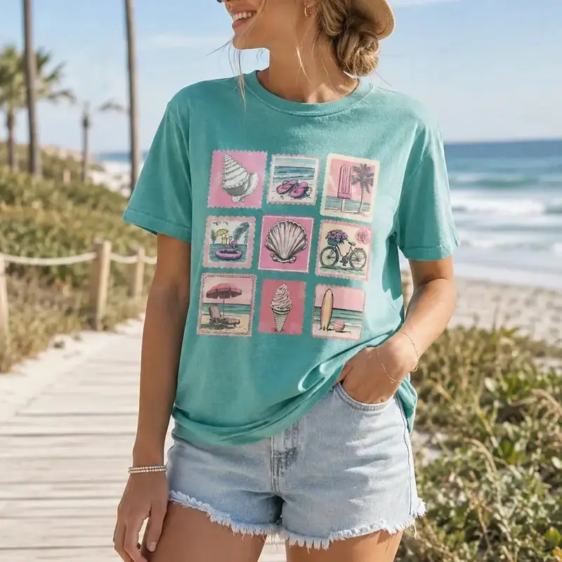 Comfort Colors Vintage Beach Summer Vacation Shirt - Coastal Beach Apparel Tee and Beachy Graphic Shirt for Women, Vintage Stamp Summer Tee, Cute Sea Lovers Shirt | GHINI