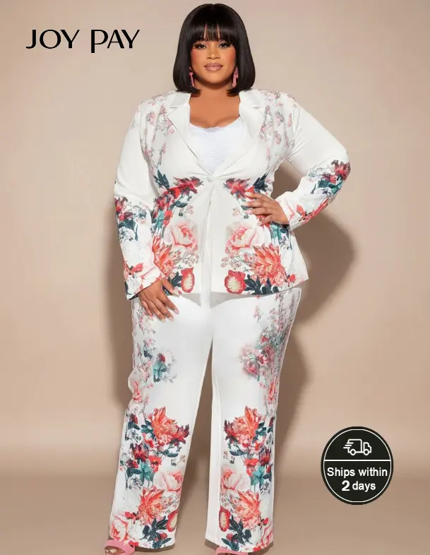 JOYPAY Women's Plus Size 2-Piece Pant Set - Elegant Floral Print Long Sleeve Blazer and Comfortable Wide Leg Pants, Chic, Longsleeves, Casual