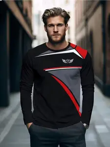 Men's Casual Sport Long Sleeve T-Shirt, Bottom Simple Striped Pattern, Comfortable Breathable Round Neck Fashion Tee