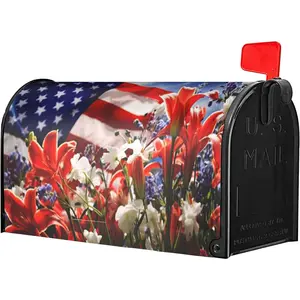 American Flag with Spring Flowers Magnetic Standard Size Mailbox Covers, Spring Summer Floral Patriotic Magnetic Mailbox Covers for Holiday Yard Decor 18"x21"
