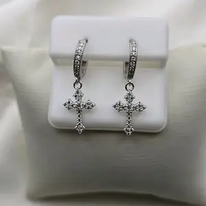 18k White Gold Over Sterling Silver Moissanite Huggie Cross Dangle Earrings