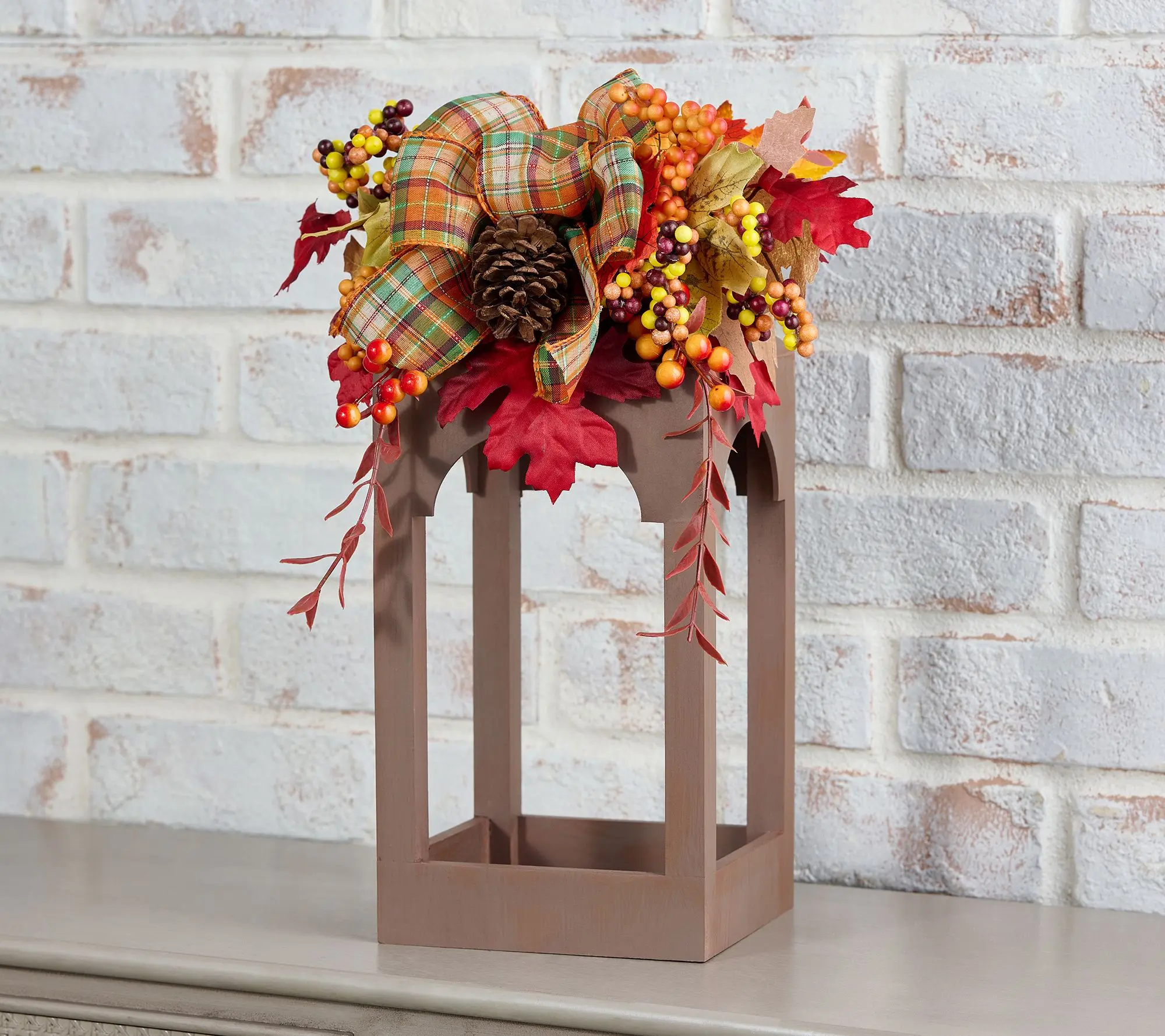 16" Wood Open Concept Lantern with Ribbon Embellishment by Valerie