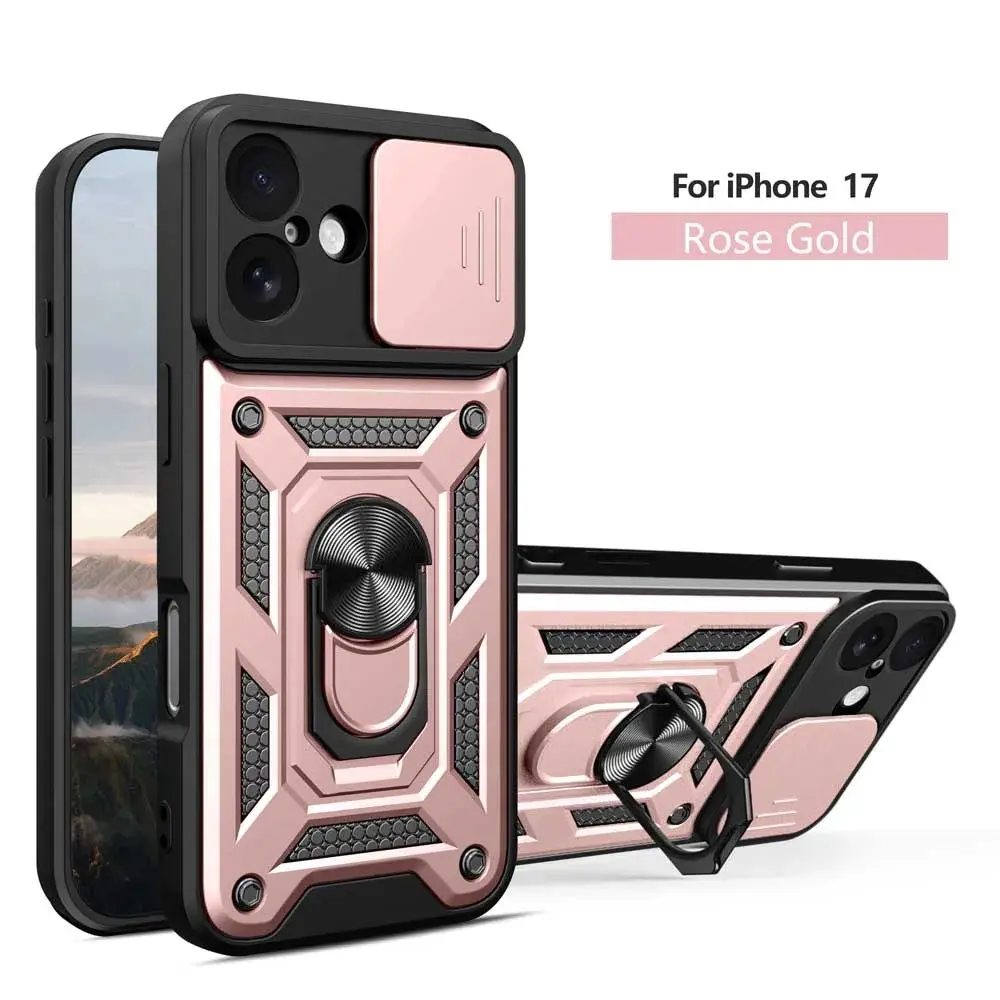 Case For iPhone 17 16 15 14 13 Pro Max 12 11 Pro 16 15 14 Plus 13 12 Slide Camera Protector 360 Ring Armor Cover
