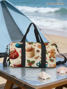（2D Flat Printing）1pc Christmas Gingerbread Hot Cocoa Travel bag Unisex Handbag, with Adjustable Shoulder Strap, Travel Luggage Bag, Machine Washable Organizer, Suitable for Fitness Enthusiasts, Trendy Outdoor Luggage