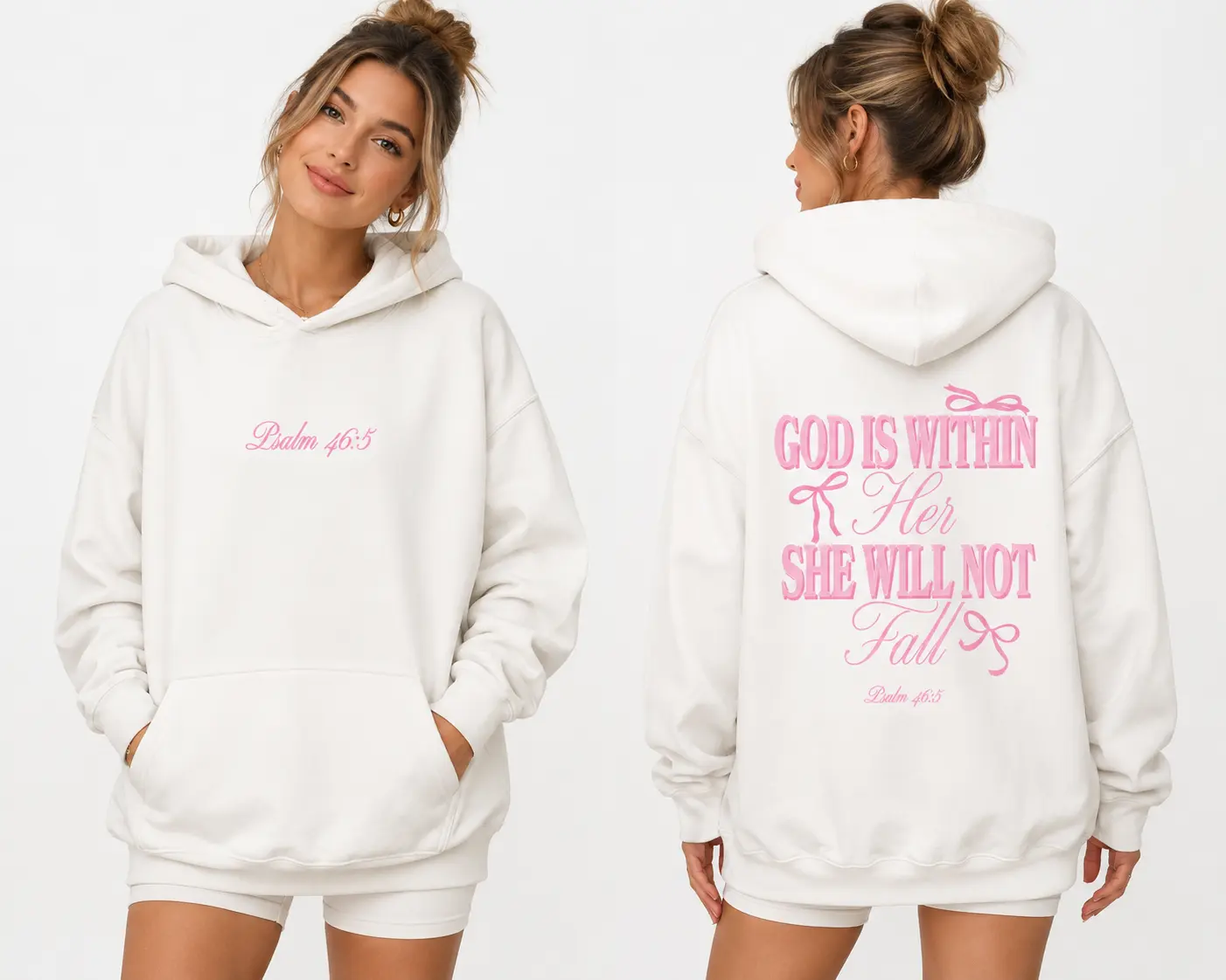 God Is Within Her She Will Not Fall Coquette Bow Psalm 46:5 Bible Verse Christian 2 Sides Hoodie - Sweater - Unisex Tee