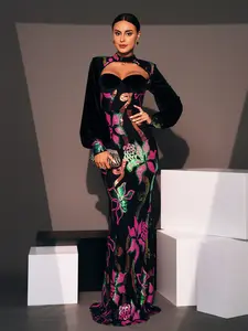 Long Sleeve Elegant Round Neck Sexy Hollow Out Long Sequin Evening Dress Bridesmaid Dress for Women Womenswear Black Floral Crewneck Long Sleeve Elegant Round Neck Sexy Hollow Out Long Sequin Evening Dress Bridesmaid Dress for Women Womenswear Black Floral Crewneck