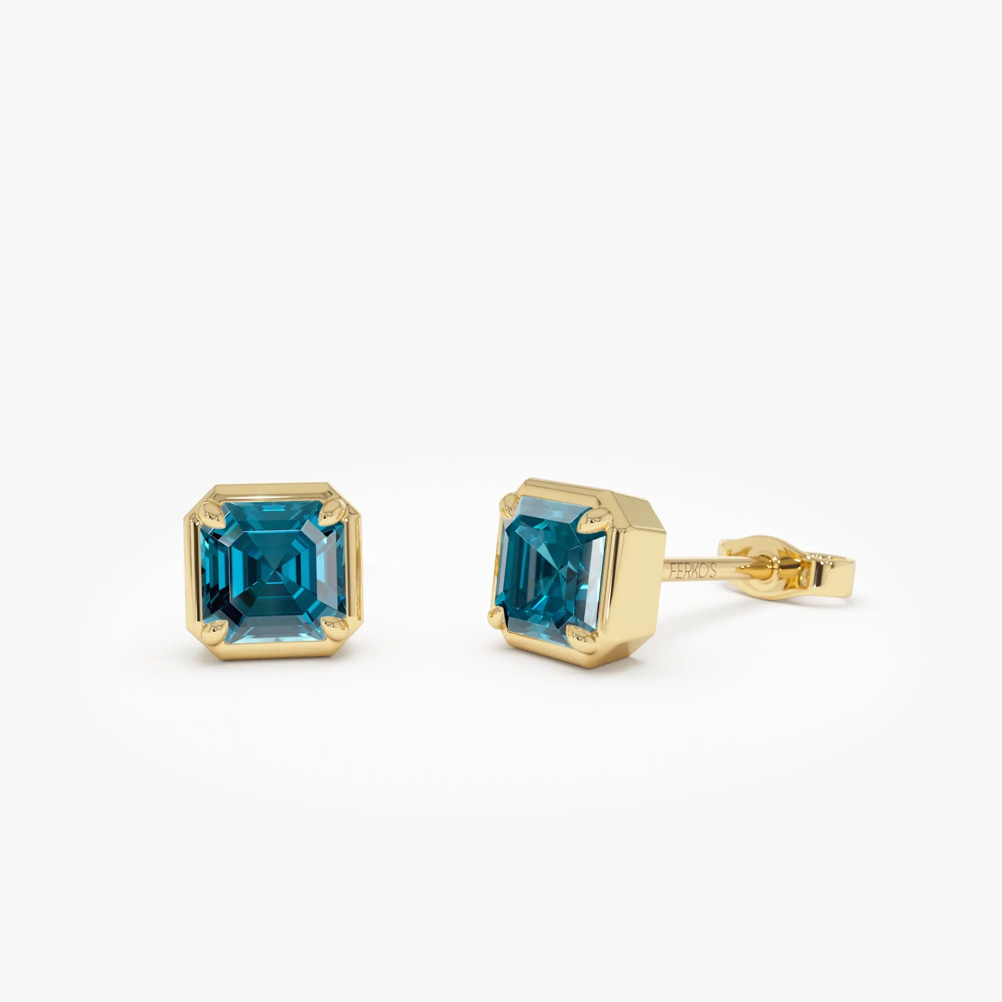 14K Asscher Cut London Blue Topaz Stud Earrings