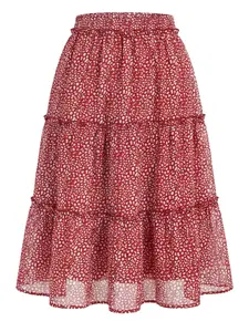 INSPIRE CHIC Women's Tiered Skirt Chiffon A-Line Ruffle Elastic High Waist Casual Flowy Boho Summer Beach Midi Skirts