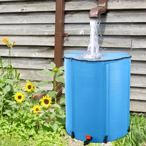 50-Gal Collapsible Rain Barrel, Portable Water Storage Tank with Water Taps & Overflow Kit, Outdoor Rainwater Collection System for Garden, Blue, Water Tap