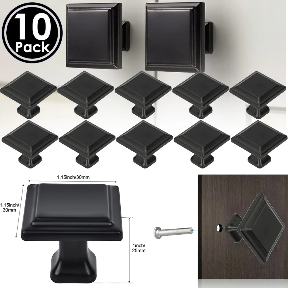 10X Matte Black Cabinet Square Knobs Hardware Bedroom Kitchen Drawer Cupboard Handle Pulls Modern Style Easy To Install Durable Home Decor