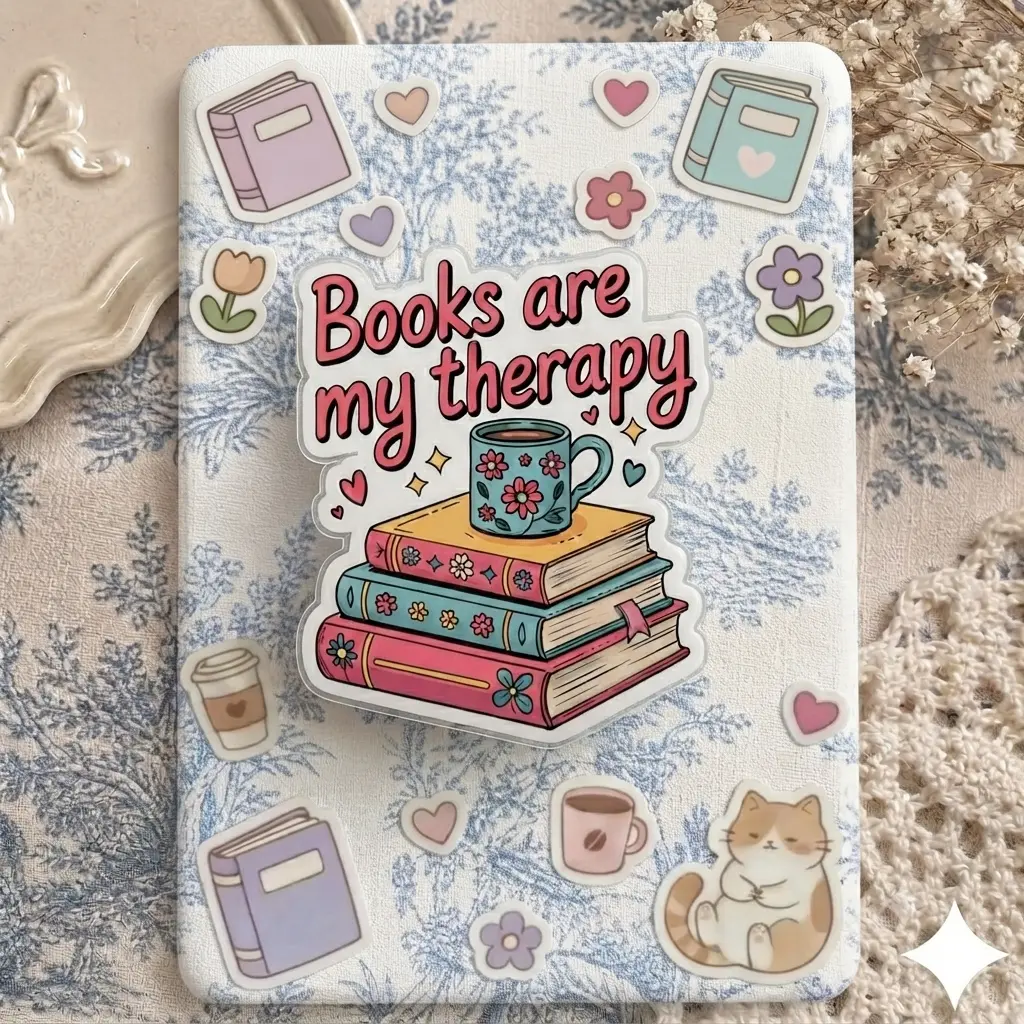 "Books Are My Therapy" Floral Book Stack Acrylic Phone Grip - BookTok Griptok