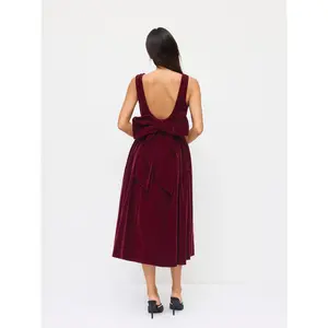 Cider Velvet Boat Neck Bowknot Backless Midi Dress