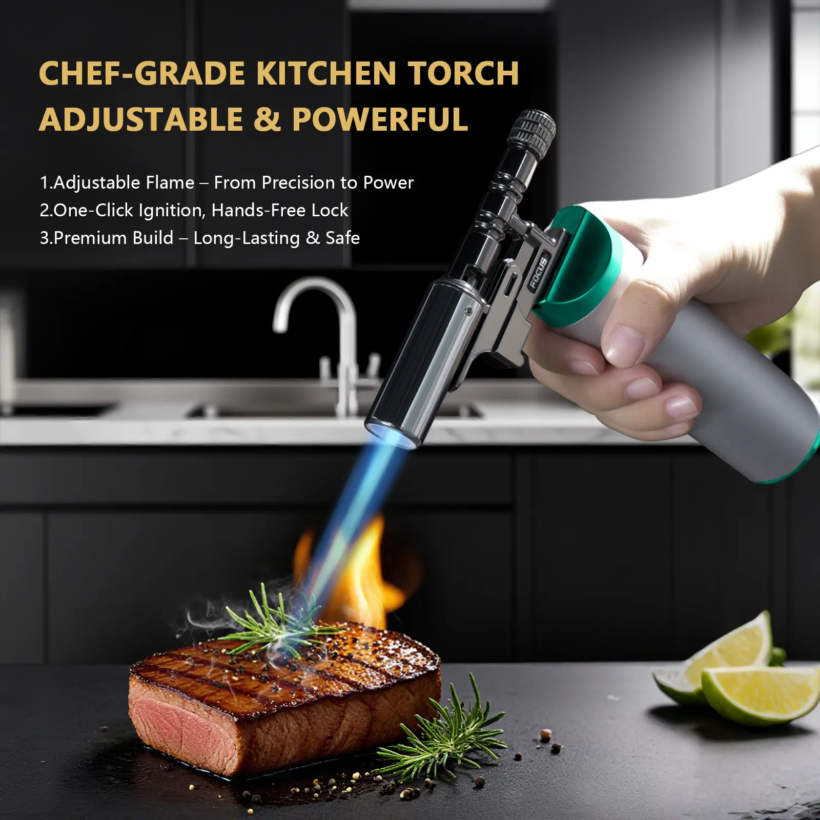 Gun Style Butane Torch Lighter - High-Temperature Windproof Refillable Tool with Adjustable Blue Flame, ABS Construction - for BBQ, Camp Kitchen Use - Creative Gift for Men, Kitchenware, Grill, Welding, 10000°C Heat, Blue Flame Control