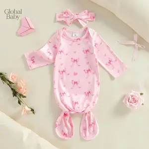 Global Baby Girl and Baby Bow Print Long Sleeve Round Neck Romper/Dress with Bow Headband Baby Sleeper Gown with Headband Set Cute Bow Print Newborn Nightgown Hairband Set for Girls