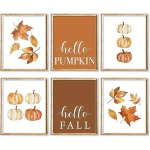 Fall Themed Wall Art, 6 Counts/set Frameless Watercolor Pumpkin Maple Leaf Art Poster, Unframed Art Print, Rustic Autumn Modern Wall Decor for Home Gallery Living Room Bedroom