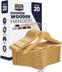 Natural Wooden Coat Hangers 20 Pack – Strong Solid Wood Clothes Hangers with 360° Swivel Hook, Trouser Bar & Shoulder Notches – Durable Slim Space Saver for Suits, Jackets, Coats, Shirts. Hanging
