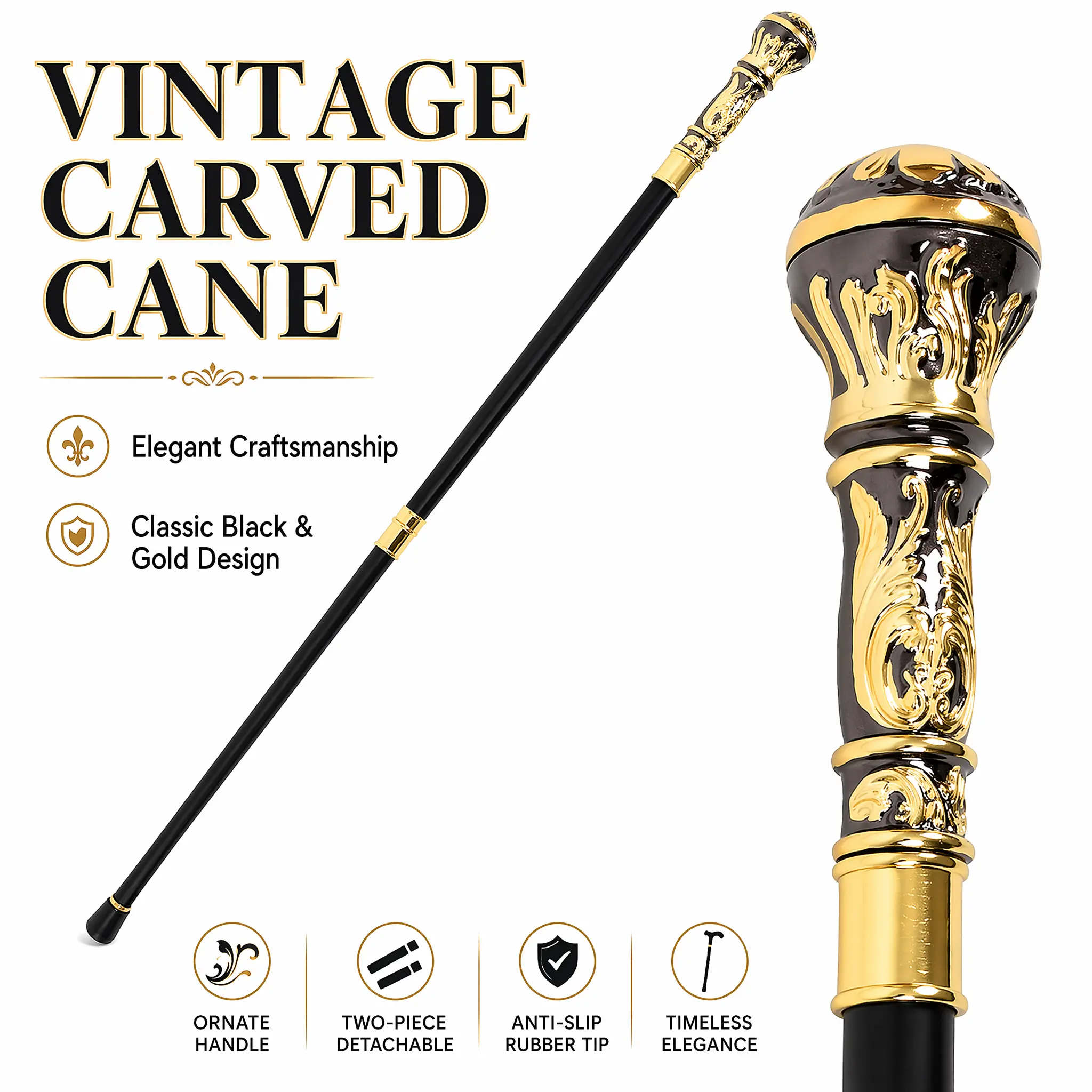 Walking Cane Metal Round Handle Black and Gold Elegant Design for Daily Use Hiking Outdoor Walking for Men and Women