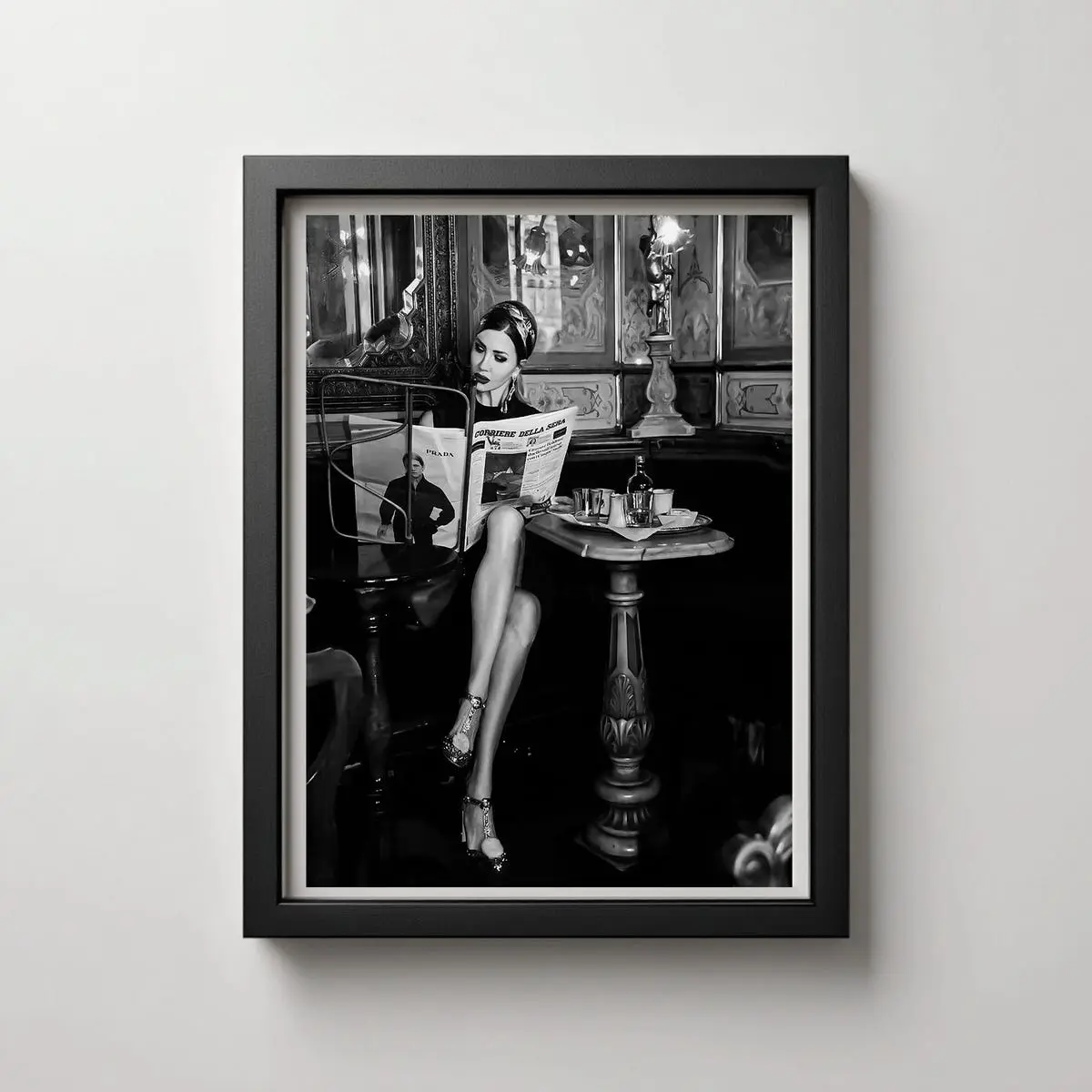 Italian Fashion Print, Woman Reading Newspaper at CafÃ©, Black and White Photography, Paris Style Decor, Unframed Print Only