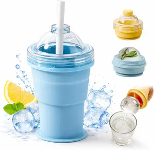 2-in-1 Collapsible Silicone Ice Ball Maker Cup, Reusable Portable Ice Sphere Mold with Straw & Lid, Easy Demolding, Leakproof Travel Tumbler for Whiskey, Coffee, Juice, Outdoor, Gym (Blue+Yellow) Makeup Cosmetic