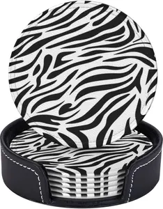 Drink Coasters with Holder Stand Set of 6, Zebra Stripes Print Pu Leather Absorbent Coasters with Cork Base Table Round Coaster for Housewarming Apartment Kitchen Bar Decor