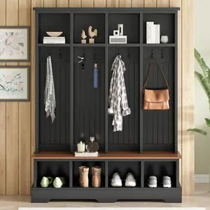 Bellemave  Farmhouse Hall Tree with 8 Hooks, Practical Entryway Bench with Open Compartments, 76.7"H Modern 3-in-1 Wooden Style Coat and Shoe Rack for Mudroom, Living Room