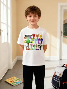 Sprunki Cute Graphic Print Unisex Kids Loose T-Shirt, Casual Multi-Purpose Daily Wear, Short Fitted Clothing, Cartoon Pattern, Graphic Tees