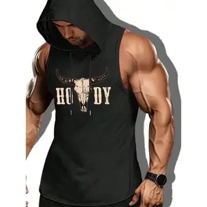 Men's Bull Head Print Hooded Tank Top, Casual Sleeveless Top for Daily Wear, Menswear for All Seasons