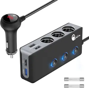 Quick Charge .Cigarette Lighter Splitter,   Socket W Cigarette Lighter Adapter with  USB Fast Charging, DC V/V Cigarette Outlet LED Voltmeter Independent Button for All Car Devices