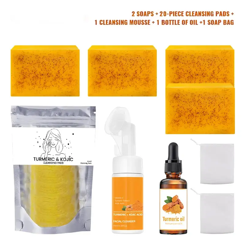 TURMERIC&KOJIC 9-Piece Lemon Skincare Cleansing Set - Includes Mousse, Acid Soap, Essential Oil, Towels, for Full Body Cleansing, Moisturizing