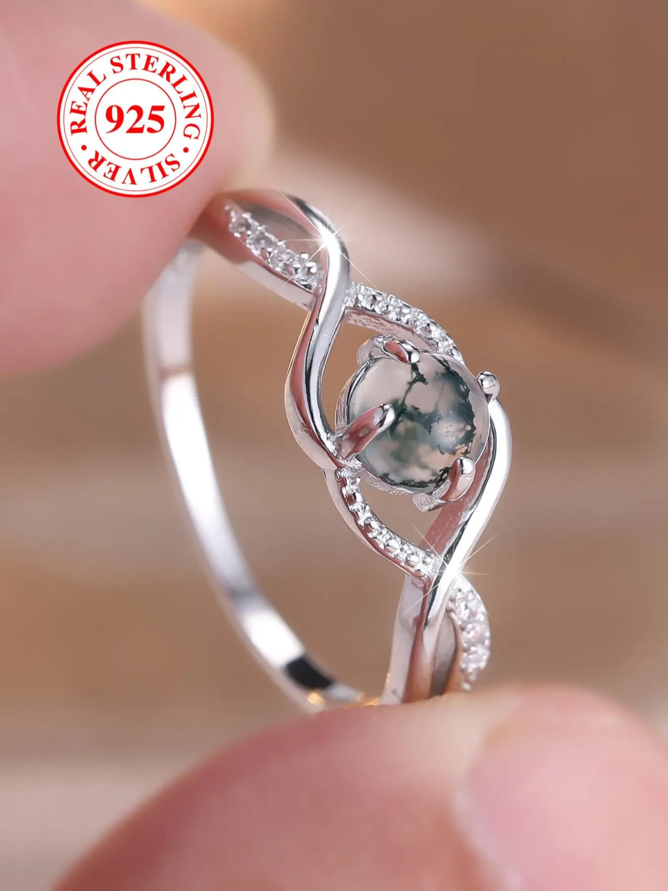 S925 Sterling Silver Natural Seagrass Agate Ring, Elegant Women's Ring, Elegant Fashion Rings, Daily Dating Wear Jewellery, Birthday Anniversary Gift with Gift Box, Elegant Everyday Ring, Real Rings