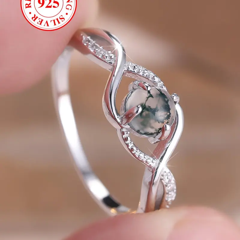 S925 Sterling Silver Natural Seagrass Agate Ring, Women's Elegant Fashion Rings for Daily and Dating Wear, Birthday and Anniversary Gift with Gift Box, Jewelry Rings