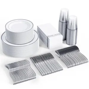 350pcs Silver Dinnerware Set for 50 Guests, Silver Rimmed Plastic Plates Disposable Heavy Duty, Including 50 Dinner Plates, 50 Dessert Plates, 50 Cups, 50 Napkins, 50 Silverware Set