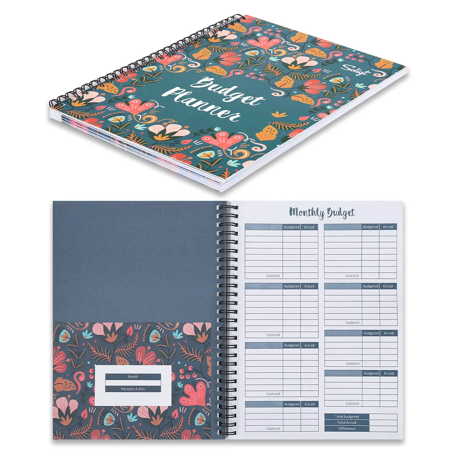 Soligt Monthly Budget Planner Book Undated with 12 Pockets for Income Debt Saving Expense and Bill Tracker Organizer Spiral Design Thick Paper Stationery Efficient Finance Organizer Notebook