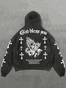 Washed Distressed Snowflake Hoodie, Cotton Craft Vintage Effect, Jesus Cross Religious Pattern, Casual Loose-Fit Unisex Aesthetic Sweatshirts