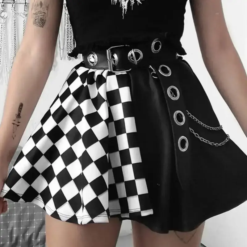 Women's Gothic Punk Plaid Patchwork A-Line Mini Skirt with Metal Grommet Belt & Chain Detail, Streetwear Style
