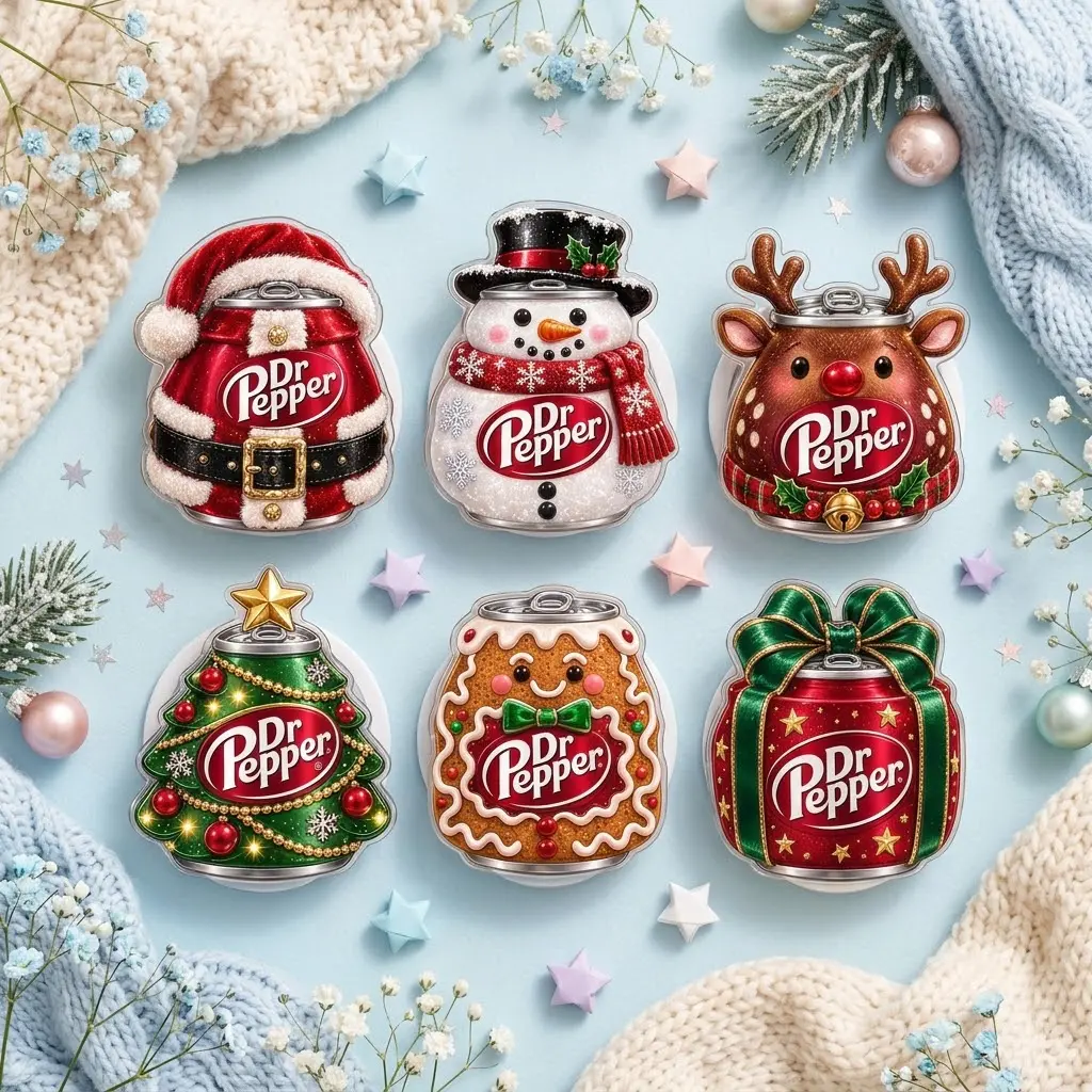 Dr Pepper Christmas Acrylic Phone Grip Set, Santa Snowman Reindeer Gingerbread Tree Holiday Soda Phone Holder, Festive Christmas Gift for Dr Pepper Lovers