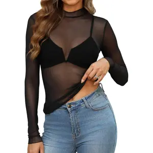 Women's Sexy Long-Sleeve Mesh Top - See-Through Mock Neck Sheer Blouse, Women's Tops & Blouses