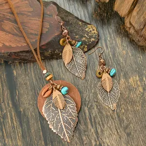 Boho Leaf Pendant Necklace Earrings Set for Women, Brown Faux Leather Cord Wooden Disc Turquoise Bead, Lightweight Dangle, Adjustable