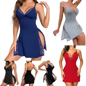 Women's Lace Trim Chemise Nightgown, Sexy V Neck Sleepwear with Side Slit & Adjustable Straps, Soft Lingerie Pajamas for Women