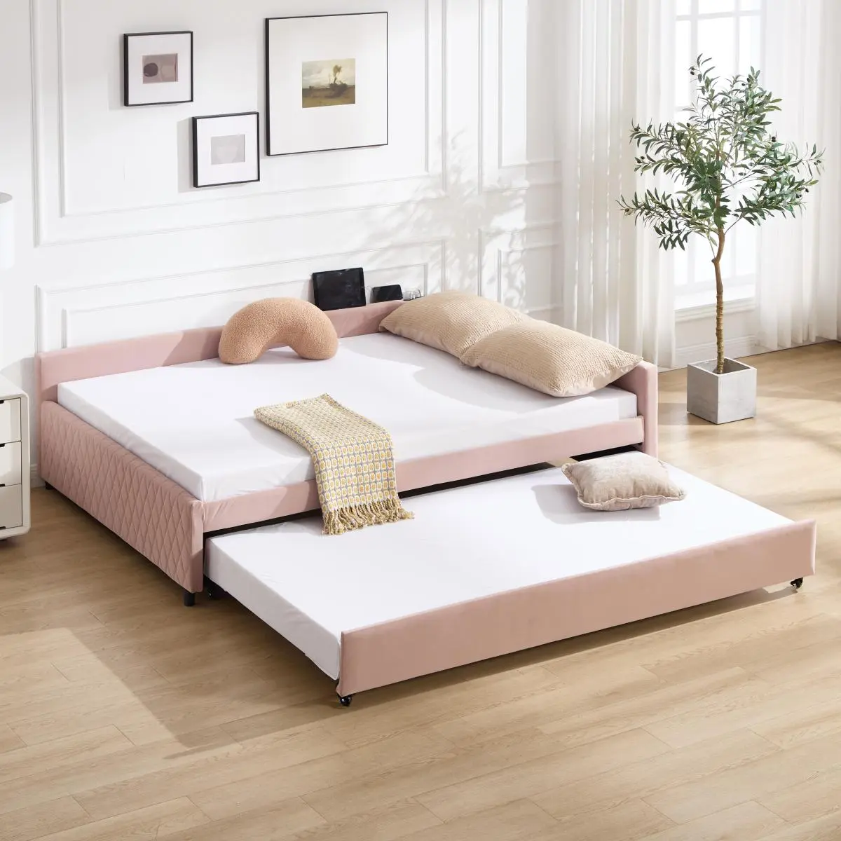 Full Size Upholstered Daybed with Twin Size Trundle,Sturdy Wooden Bed Frame, Modern Platform Bed Frame for Bedroom, Guest Room