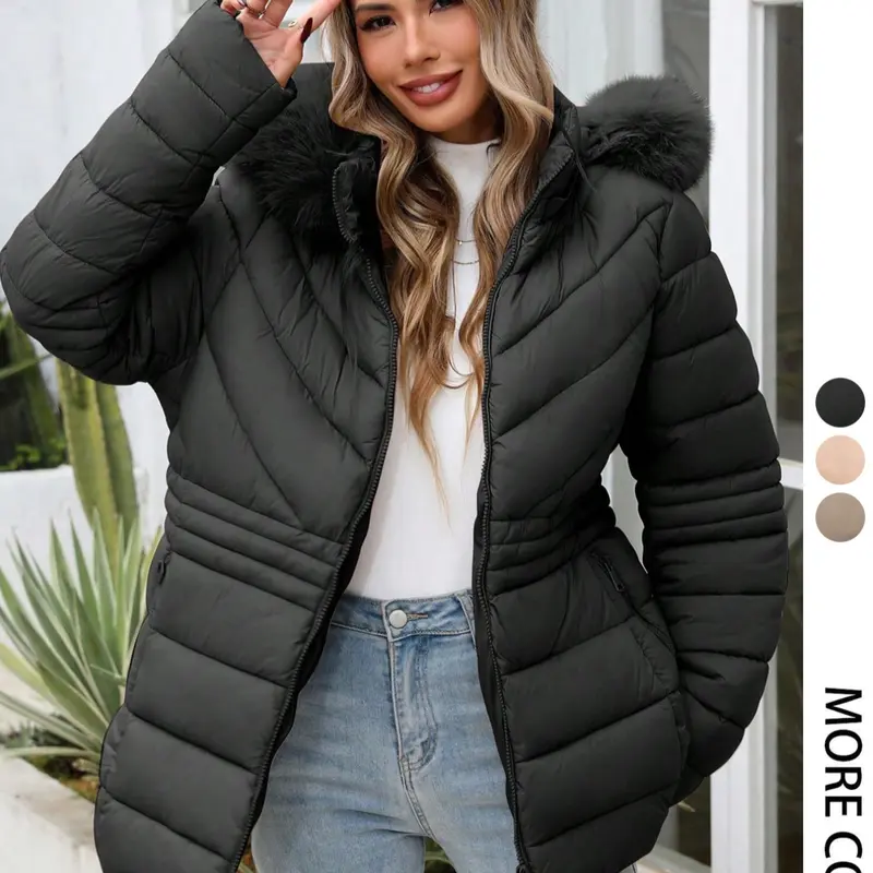 Women's Plus Size Winter Comfortable Cotton Jacket, Commuter Simple Casual Fall & Winter Mid-Length Hooded Warm Coat, Long Sleeve Fitted Style Outerwear, Quilted Puffer Coat, Quilted Puffer Jackets