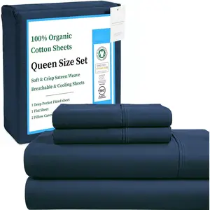 Sheets  Size Set, Soft & Comfy Sateen Weave GOTS & OEKO TEX Certiifed 15" Deep Pocket  Sheets, Machine Washable Low  Soft Breathable Sheet & Pillowcase Sets- Navy