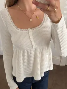 Women's Y2K Lace Patchwork Square Neck Long Sleeve Striped A-Line Vintage T-Shirt, Fall Winter Fashion Casual Top for Women