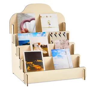Large Greeting Card Display Stand Tiered Wooden Display Stand for Postcard Brochure Photos  Snacks Sticker Holder for Vendors, Counter Retail(11.8 x 10.4 x 14.2 Inch,Beige)