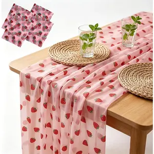 4 Pcs Strawberry Tulle Tablecloth Pink Sheer Shiny Fruit Glitter Table Runner,Strawberry Party Decor for Wedding Birthday and Home Decoration 29 X70 Inch