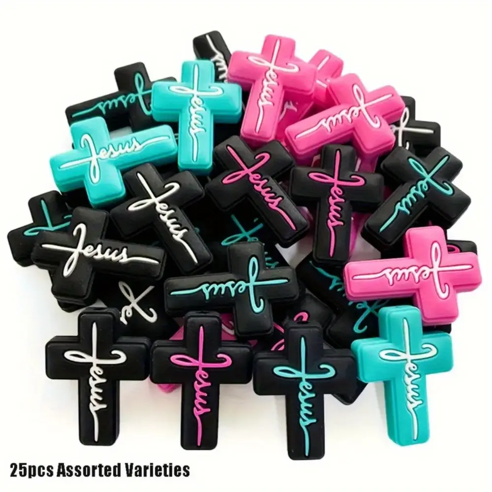 Spiritual Cross Charms, 25-Piece Metal Coating Set in Turquoise & Hot Pink for DIY Jewelry Making, Ceremony & Baptism Gift Ideas, Spirituality